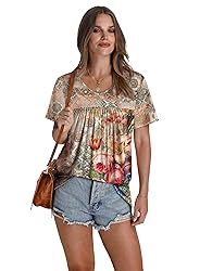 Womens Tops Short Sleeve Summer Shirts V Neck Retro