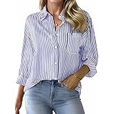 Am Direct Womens Button Down Shirts Striped Classic Collared Office Work Blouses Tops with Pocket