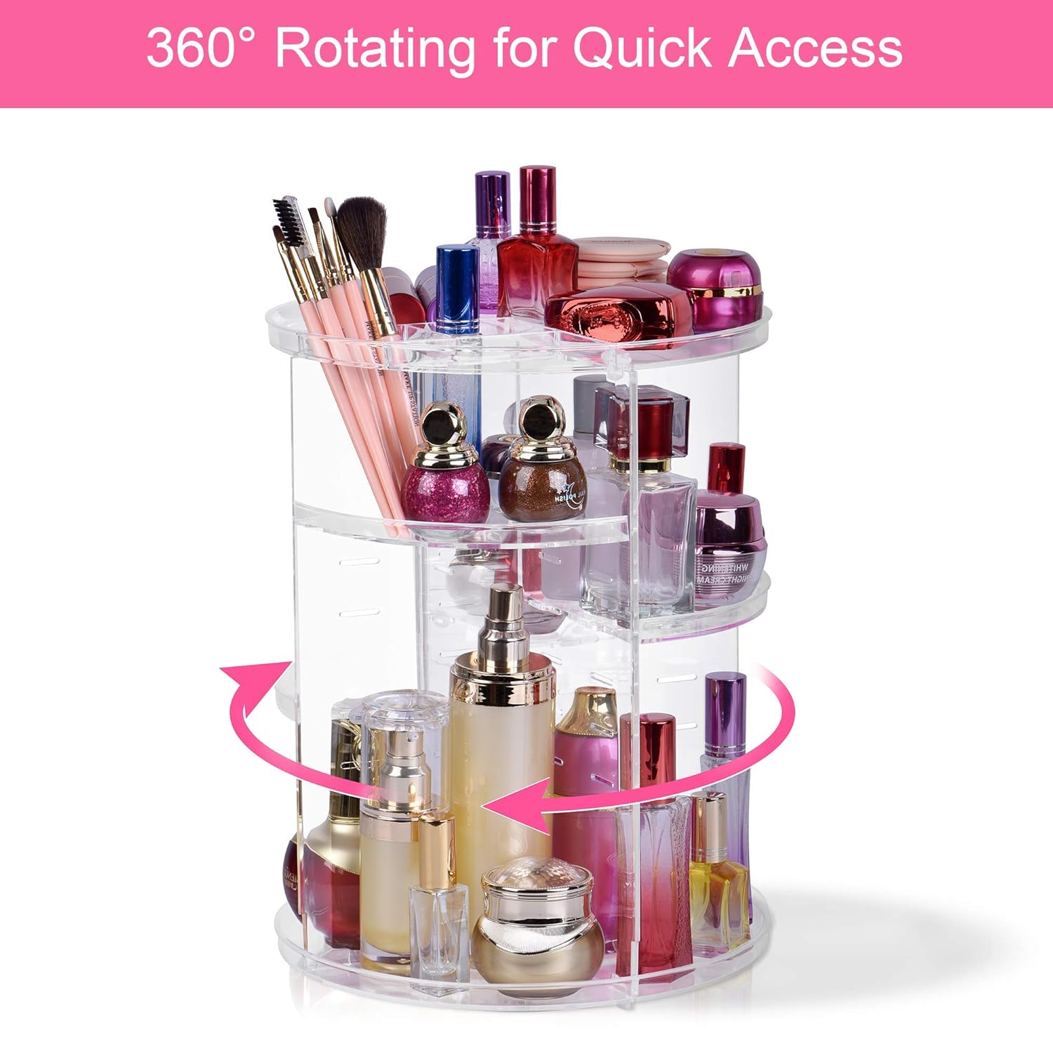 Easyhouse 360° Rotating Makeup Organizer, Adjustable Multi-Function Cosmetic Storage Organizer, Large Capacity Jewelry Perfumes Display Stand Box (Clear): Beauty