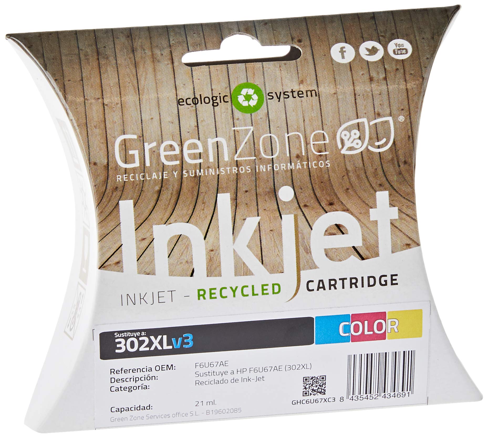Cartridges/Toner SUSTITUYE A HP F6U67AE (302XL) Color (21 ML) Version 3 (V3) Brand Green Zone