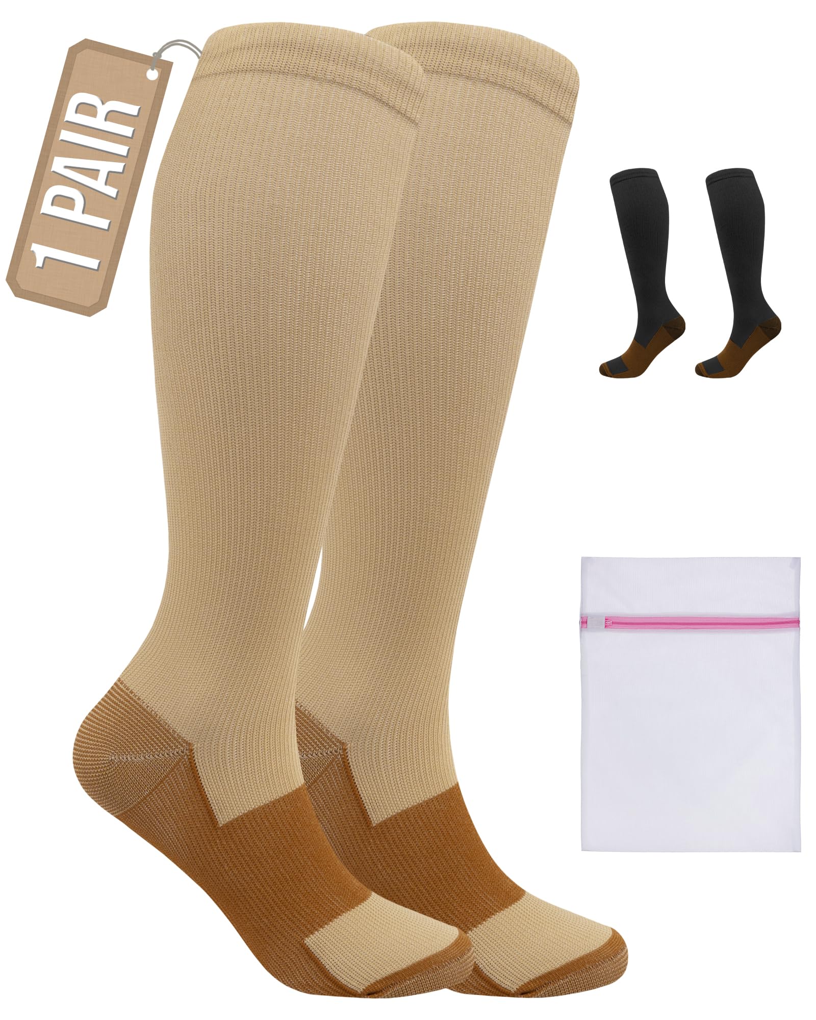 360 RELIEF 1 Pair Copper Compression Socks Women & Men 15-20 mmHg Varicose Veins, Travel, Running, Pregnancy Socks, XXL, Beige + Laundry Bag