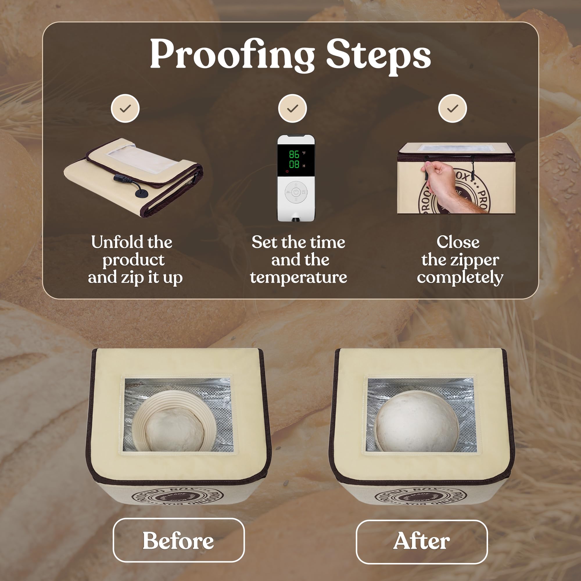 Bread Proofing Box – Bread Proofer, Dough Fermentation Box with Carry Bag, Sourdough Starter Warmer, Foldable & Zippered, Temp & Timer Controller, Ideal for Pizza, Yogurt, Kombucha – For Home Bakers