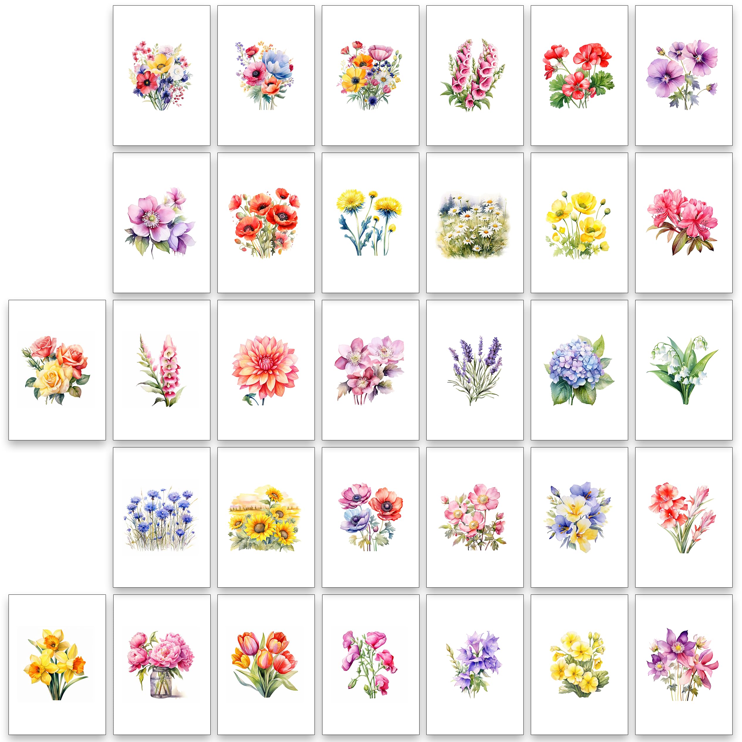 32 x British themed Watercolour Blank Greeting Cards (British Flowers)