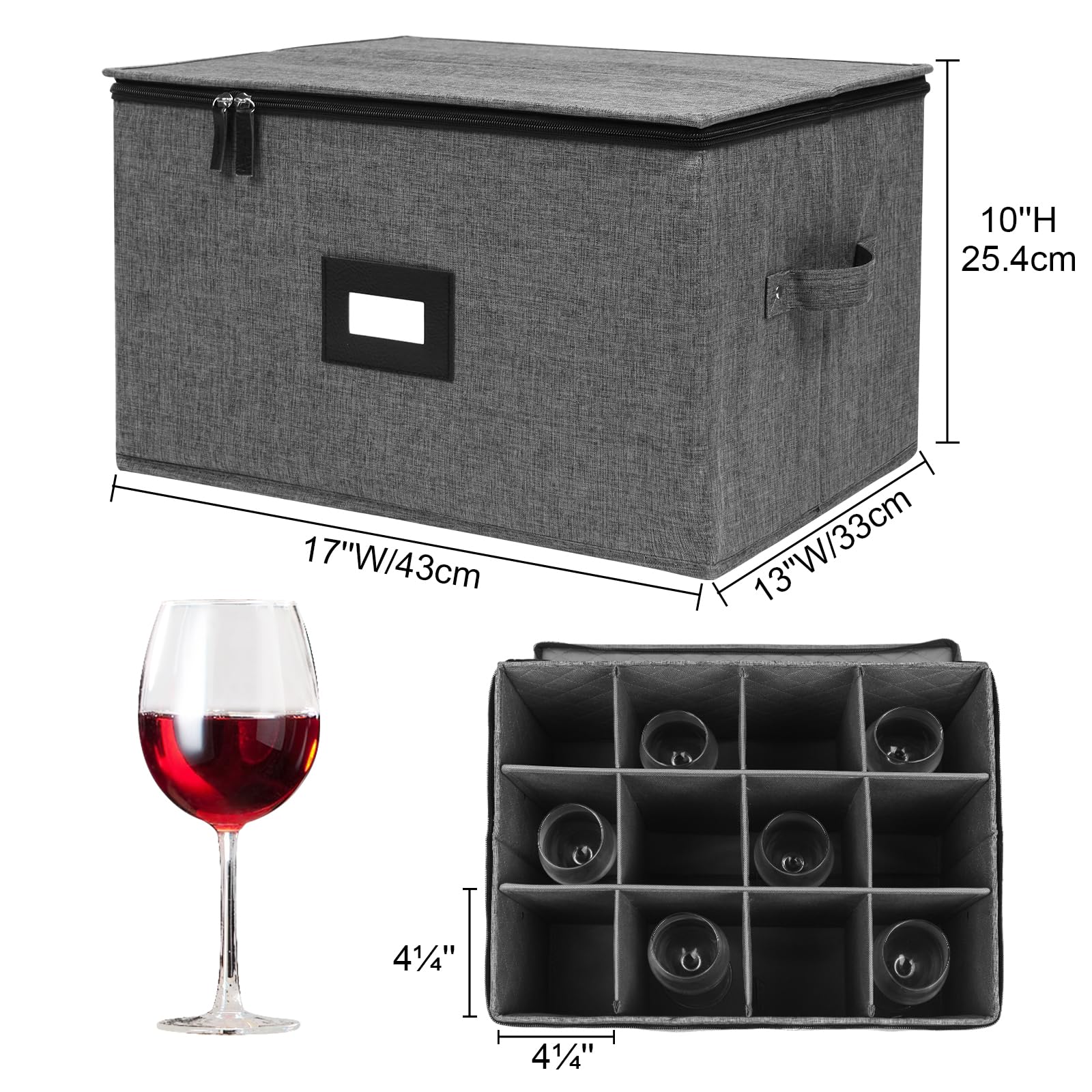 Stemware Storage Cases, Wine Glass Storage Box Containers with Dividers for Glassware Crystal Storage and Transport, Hard Shell and Stackable (Black)