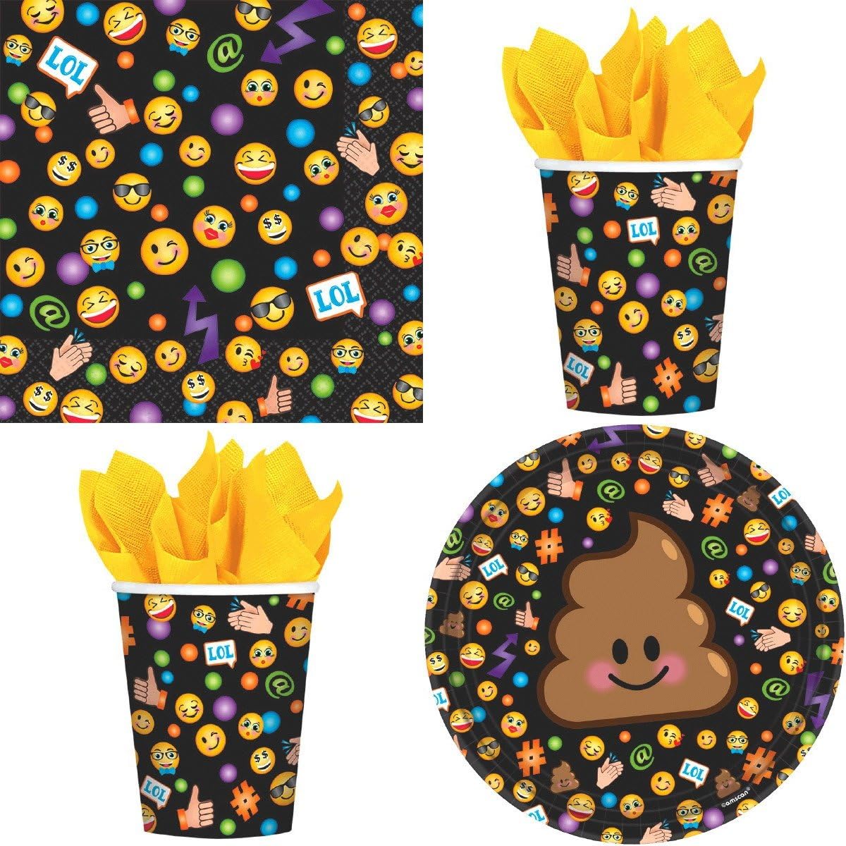 Celebration Day LOL Emoji Birthday Party Supplies, Complete Pack for 16 Guests, Includes Plates, Cups, and Napkins