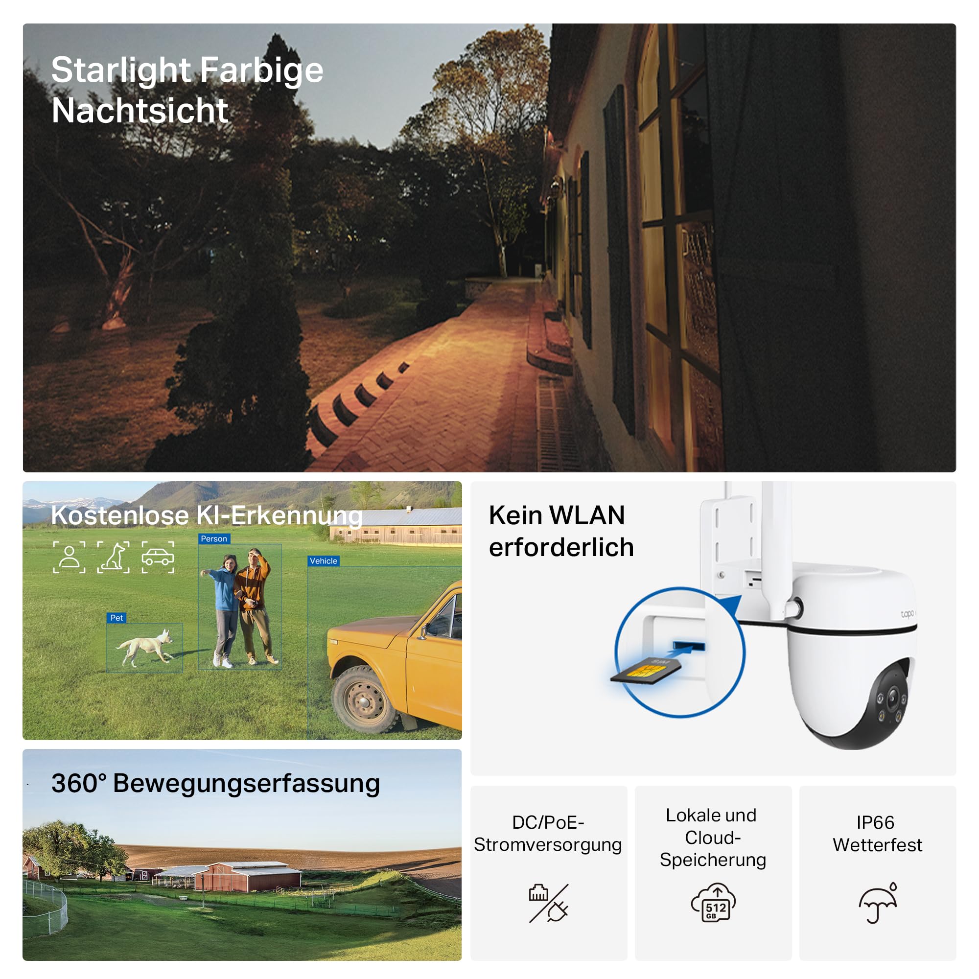 Tapo C501GW 360° 4G LTE Überwachungskamera mit SIM-Kartenslot, kein WLAN erforderlich, Starlight farbige Nachtsicht, AI-Erkennung, DC/PoE-Stromversorgung, IP66, lokaler und Cloud-Speicher, kein WLAN 3