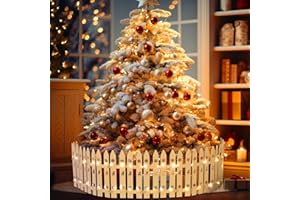 Sasylvia Christmas Wooden Tree Fence with LED String Light Xmas Wooden Picket Fence Holiday Indoor Garden Fence for Christmas Tree Garden Grass Lawn Party Decorations(Height 12 inch, Length 11 FT)