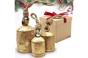Carfar Set of 3 Rustic Style Bells Handmade Giant Vintage Metal Harmony Christmas Hanging Decoration Cow Bells on Jute Rope (Small)