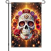 BlissYard Day of the Dead Garden Flag 12x18 Inch Floral Skull Yard Decor | Double sided polyester, glowing sugar skull artwork, Halloween porch yard lawn display