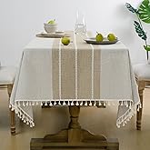 Softalker Fall Linen Rectangle Tablecloth with Tassel, 55 x 70 Inch | Thanksgiving Outdoor Waterproof Cotton Boho Farmhouse Table Cloth, Heavy Weight Table Cover for Dining Party, Coffee Lines