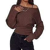 Simlakey Women Off Shoulder Sweater Bat Wing Sleeve Ribbed Knit Pullover Cinched Waist Boat Neck Winter Going Out Jumper Top