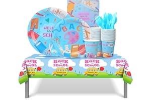 MIIKOUL Back to School Party Tableware Set,141 Pcs Welcome Back to School Supplies with School Bus Tablecloth Plates and Napkins First Day Of School Decorations