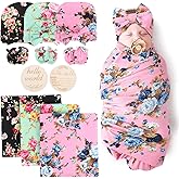 DRESHOW BQUBO Floral Swaddles for Baby Girl Newborn Receiving Blanket with Bow Hat Mittens Wooden Birth Announcement Card Set Baby Floral Print Swaddle Nursery Swaddle Wrap