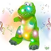 Hopearl LED Musical T-Rex Stuffed Dinosaur Lighting Up Singing Plush Toy Adjustable Volume Lullaby Animated Soothe Birthday Festival for Kids Toddler Girls, Green, 12.5''