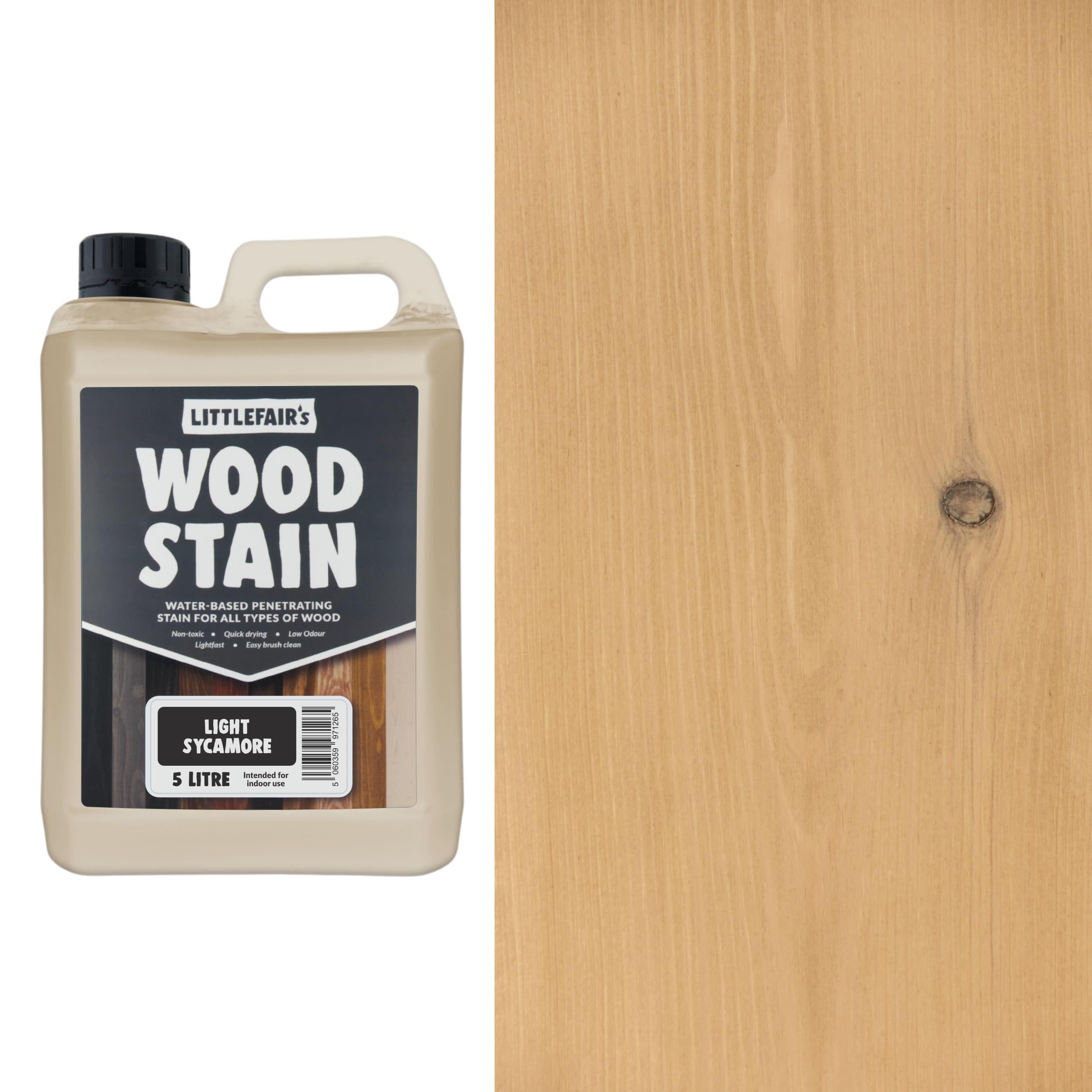 Littlefair's Wood Stain Water Based - 5 LTR - Indoor Furniture Stain Light & Dark Finishes - Special Non Toxic & Eco Friendly Formula - Wood Stain for Crafts - Colour: Light Sycamore