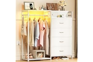 KKL 43" W White Dresser for Bedroom with Hanging Rack, Reversible 6 Drawers Dresser with Led Lights & Charging Station, Fabric Closet Dressers & Chest of Drawers with Clothes Rack for Girls, Kids