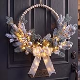 18.5 Inch Lighted Christmas Wreath, Christmas Wooden Bead Wreath with Bow | Silver Christmas Wreath with Large Bow for Front Door, Artificial Pine Branches Berry Wreath for Door Wall Window Porch