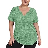 FOREYOND Plus Size Workout Tops for Women Short Sleeves V-Neck Yoga Shirts Loose Fit Athletic Gym Clothing Summer