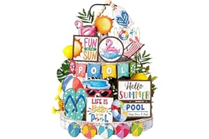 Seeloowy 26 Pcs Summer Swimming Pool Tiered Tray Decoration Summer Wood Signs Kitchen Decoration Rustic Farmhouse Tiered Tray Table Decorations for Home Party