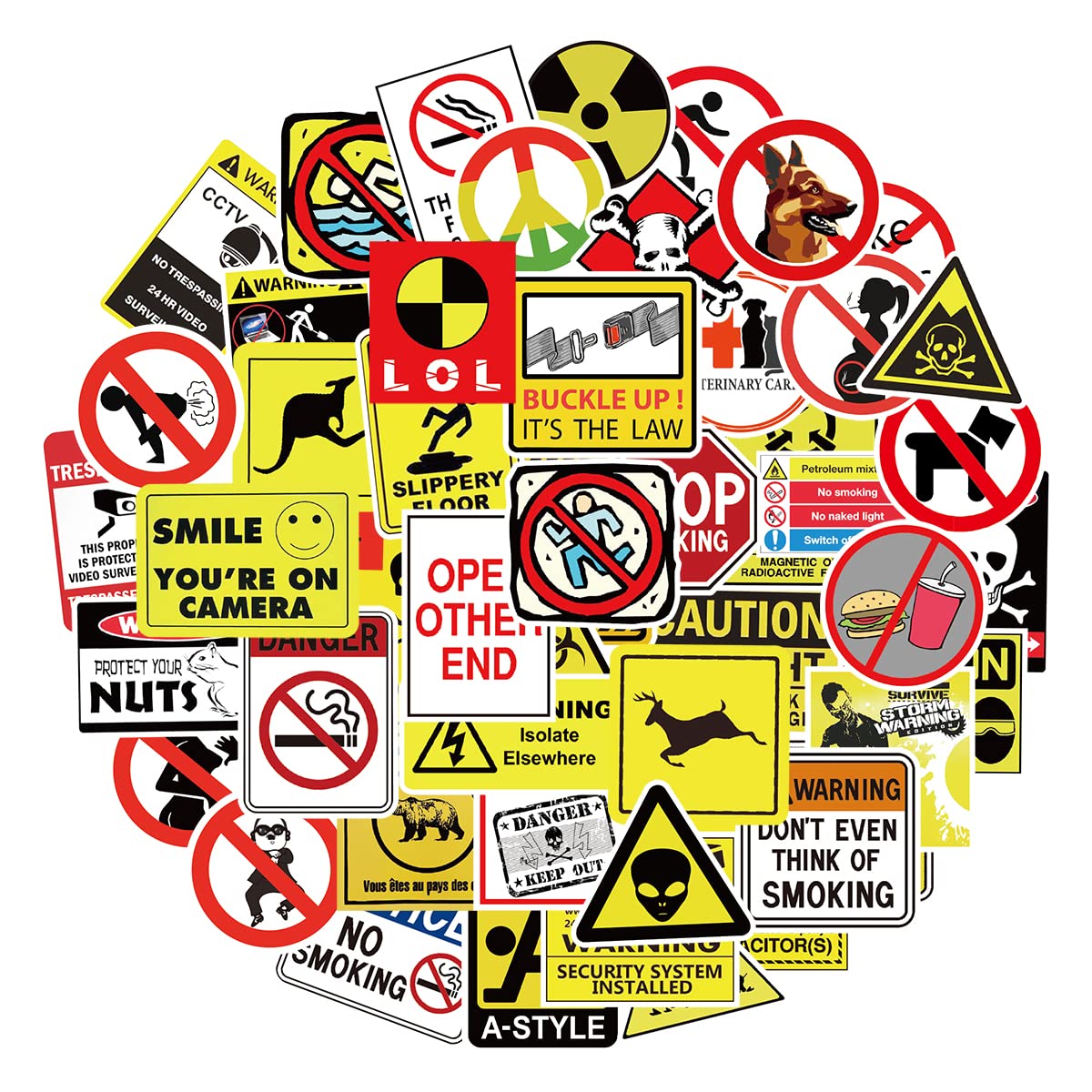 MARSFORCE Public Signs Warning Stickers, Cool Waterproof Vinyl Decals for Laptop Water Bottles Skateboard Bike Car Helmet Travel Luggage Guitar Toy Phones DIY Party [50 PCS]