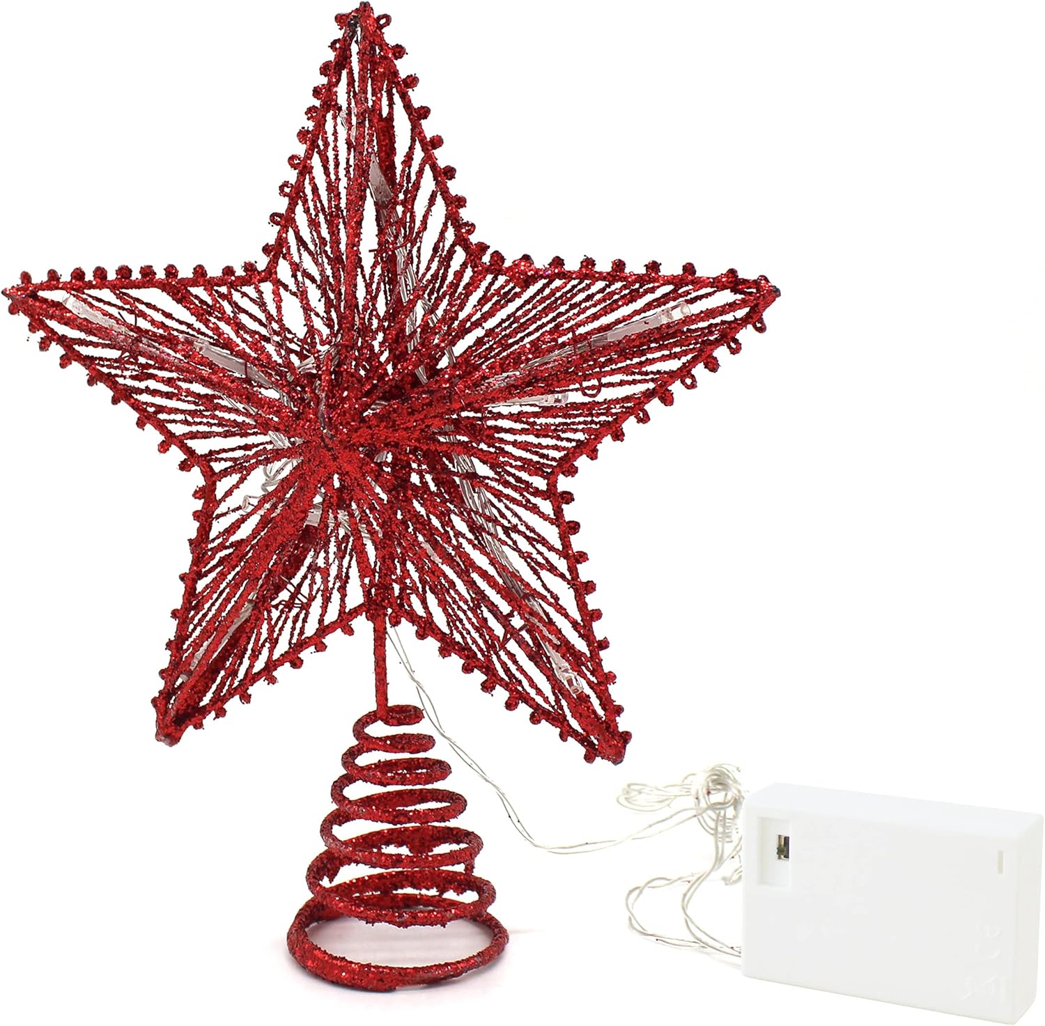 Tree Toppers - CVHOMEDECO. Red Glittered 3D Tree Top Star with Warm White LED Lights and Timer for Christmas Tree Decoration and Holiday Seasonal Décor, 8 x 10 Inch