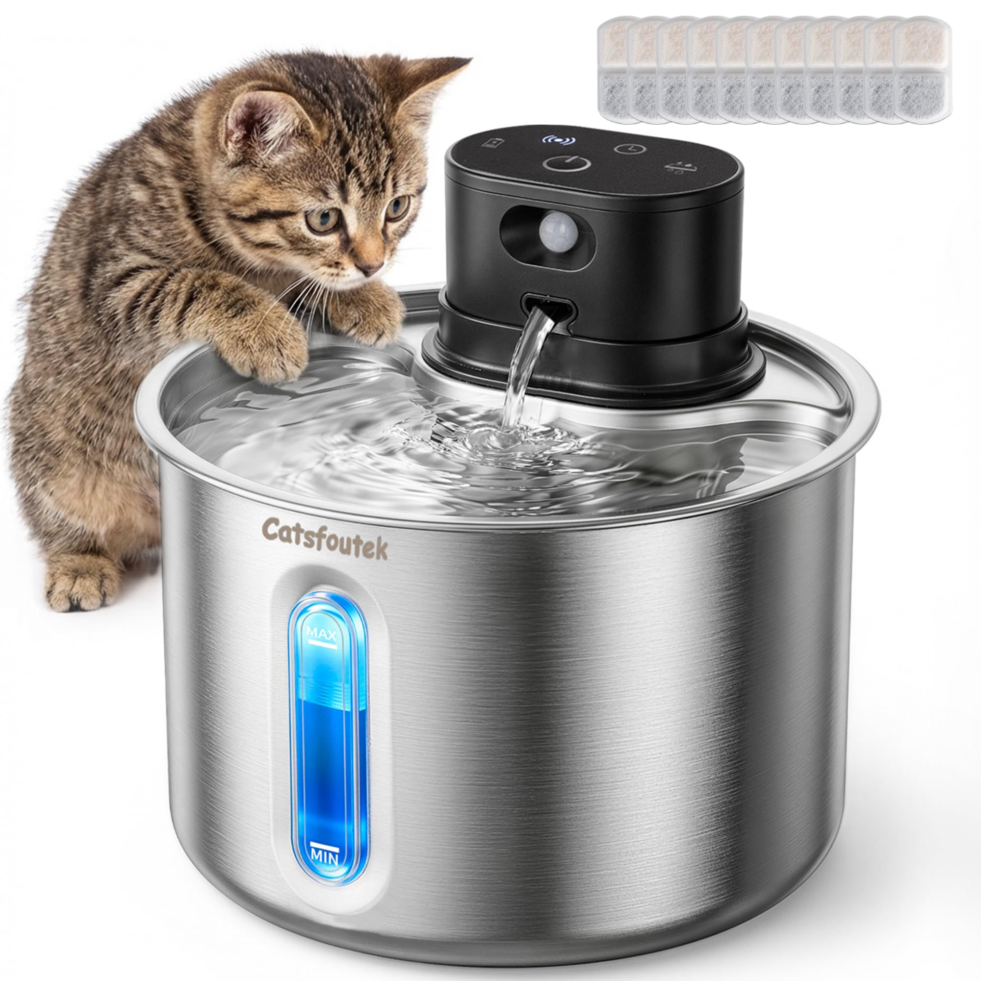 Photo 1 of Wireless Cat Water Fountain Cordless Cat Drinking Fountain Stainless Steel, 74oz/2.2L Battery Operated Pet Water Fountain for Cats Indoor with 11 Filters