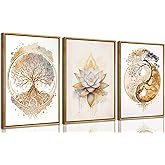 3pcs Framed Tree of Life Canvas Wall Art Gold Lotus Zen Painting Picture Wall Decor Abstract Yin Yang Poster Print Artwork for Living Room Yoga Room Hotel Bedroom Home Decoration Wood Color Framed
