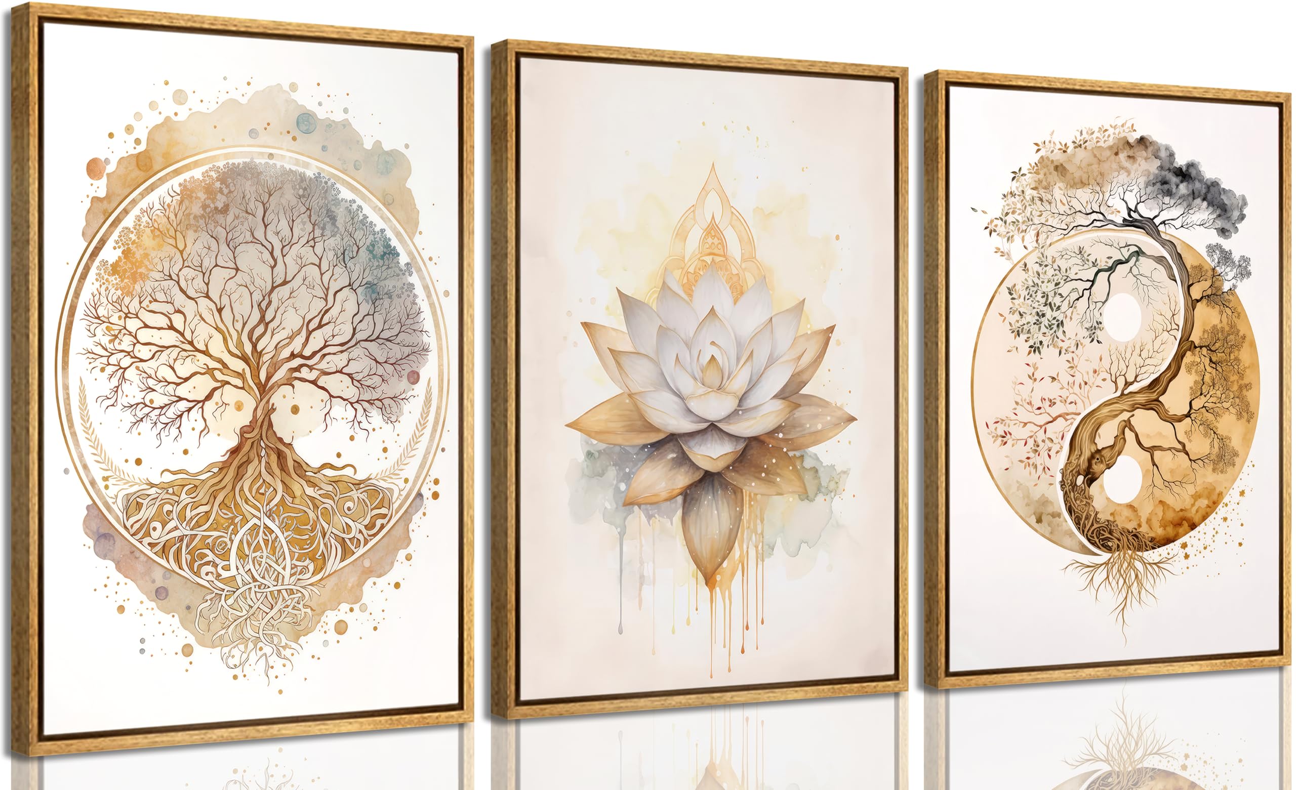 3pcs Framed Tree of Life Canvas Wall Art Gold Lotus Zen Painting ...