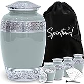 Set of 5 Stunning Cremation Urns for Human Ashes Adult Female or Male - Hand Engraved Cremation Urn Set of 5 with 1 Large Urn for Ashes with 4 Matching Mini Urns, Funnels & Bags (Olive Rest Color)