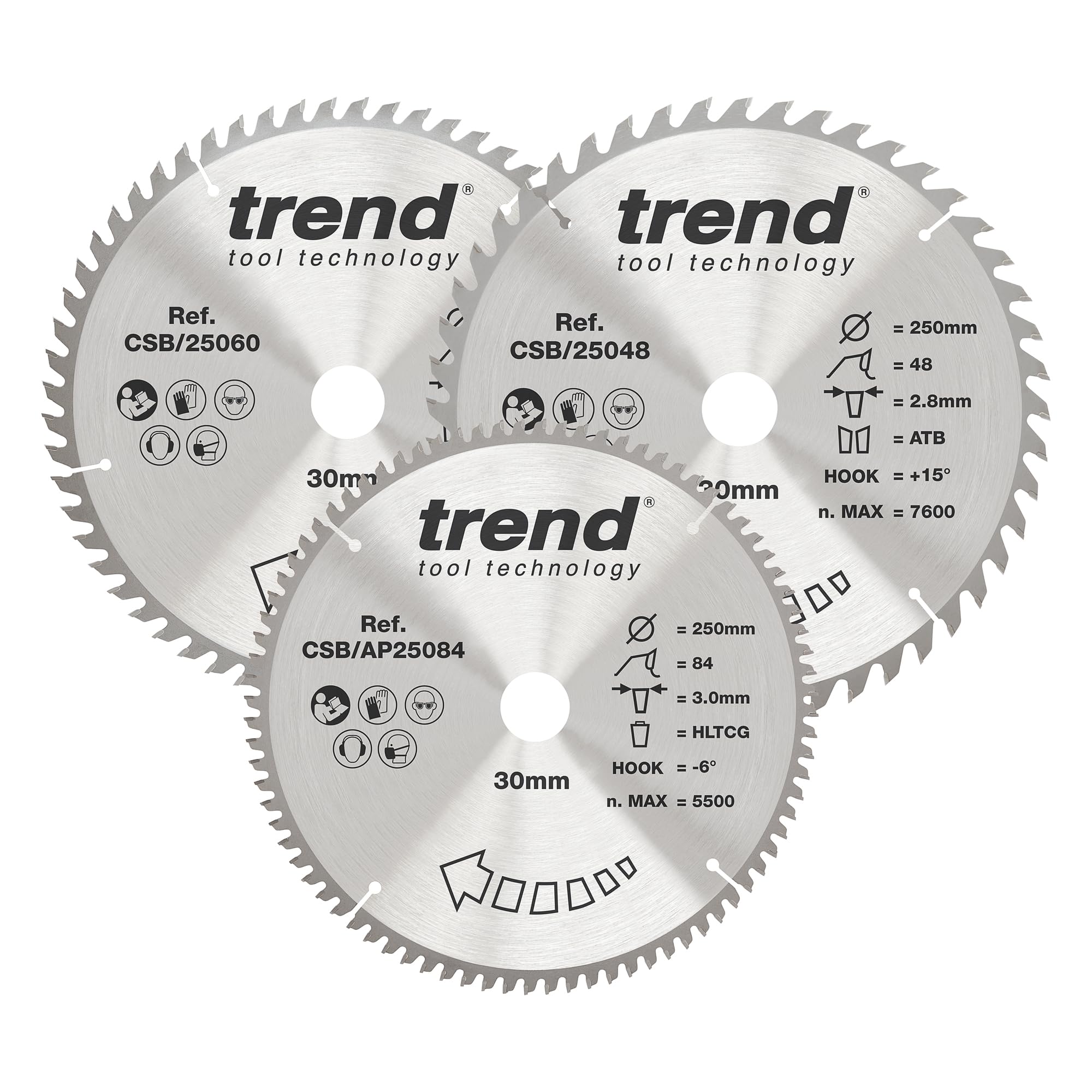 Trend Wood Circular Saw Blades, 250mm Diameter, 30mm Bore, 48/60/84 Teeth, 3mm Kerf, +15°/-6° Hook, TCT, Medium/Fine Finish, 3 Pack, CSB/250/3PK — image 1