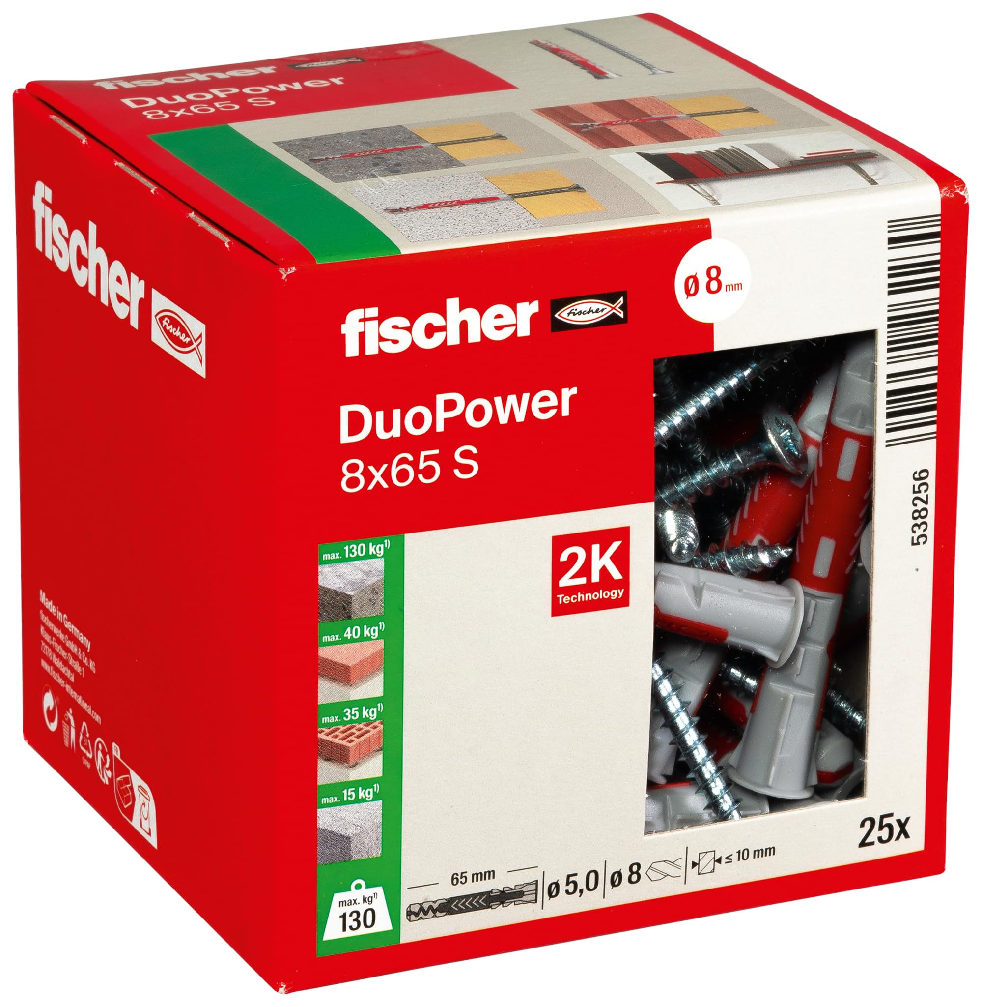 Fischer DuoPower 8 x 65 S, Powerful Universal Plug with Safety Screw, Intelligent 2-Component Technology for fastenings in Concrete, Bricks, Stone, etc., 25 Plugs & 25 Screws