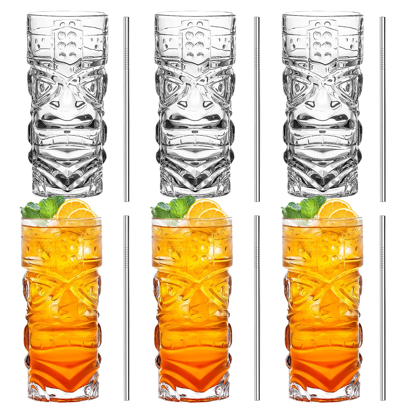 INFTYLE Clear Tiki Glasses Set of 6-14 oz Modern Bar Tiki Cocktail Glasses Perfect for Exotic Cocktails,Mai Tai, Hawaiian Style Cocktails, Tropical Island Drinksware Set (TKGlass-6)