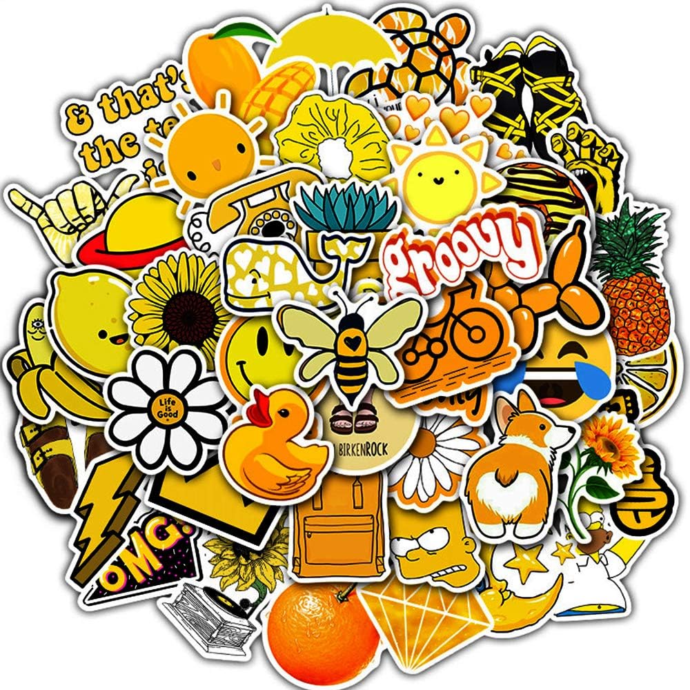 Stickers for Water Bottles, 50 Pcs Hydro Flask Sticker Pack, Trendy VSCO Vinyl Aesthetic Stickers for Laptop Hydroflasks Skateboard, Waterproof Cool Cute Sticker for Teens Girls Adult, Yellow