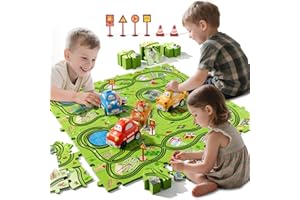 BLmukce 64-Piece Puzzle Race Car Track Set for Toddlers 1-3 | City-Themed Tracks, 3 Cars & Road Signs | Puzzle Car Tracks Toddler Toy Gifts for 2 3 4 5 6 Year Old Boys & Girls