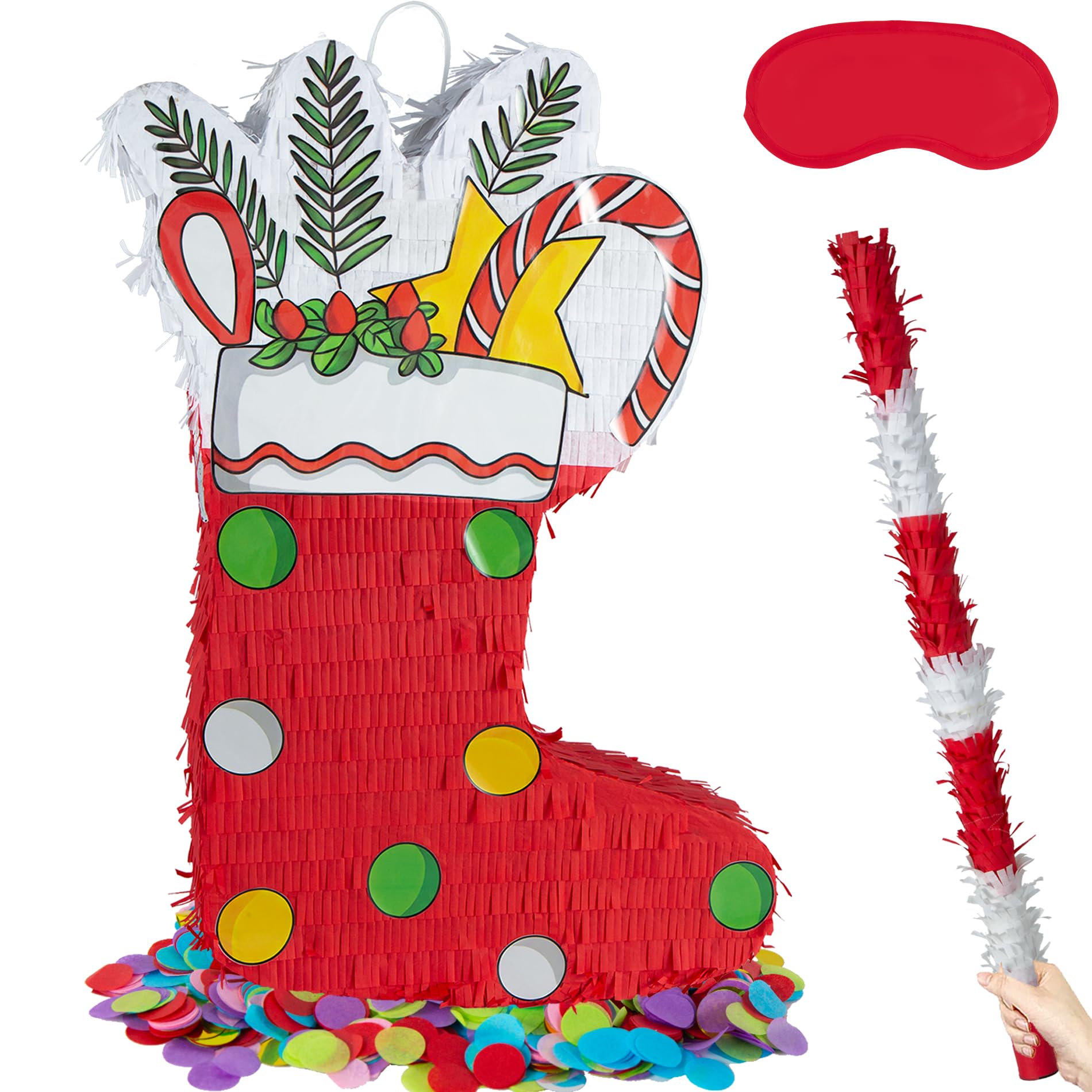 Photo 1 of PCFING 21.6 Inch Christmas Stocking Piñata with 30 Inch Piñata Stick Blindfold Confetti for Boy Girl Adults Xmas Party Game Decorations