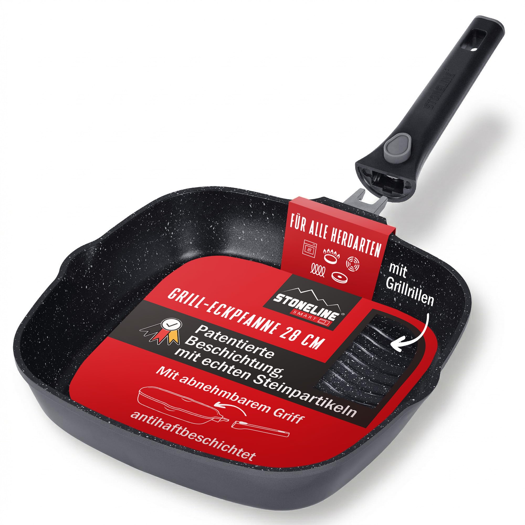 STONELINE SMART Grillpfanne 28 cm ☆ REDESIGN 25/26 ☆ Große Steak Pfanne Aluguss, Abnehmbarem Griff, Pfanne Induktion, Alle Herdarten, Antihaftbeschichtet mit echten Steinpartikeln, Grau