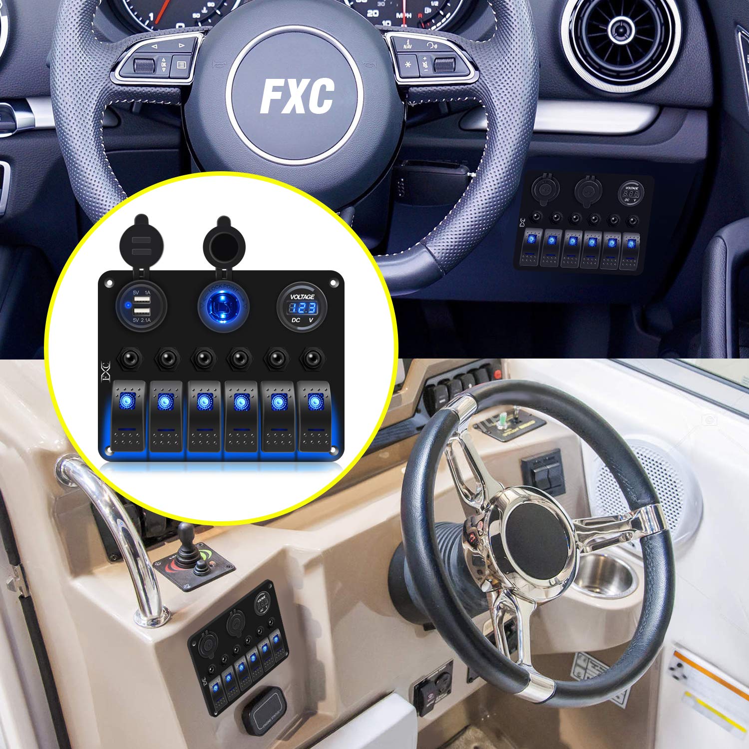 FXC Waterproof Marine Boat Rocker Switch Panel 6 Gang with 3.1A Dual USB Slot Socket + Cigarette Lighter +LED Voltmeter with Overload Protection for Car Rv Vehicles Truck (6 Gang Blue LED) (6 Blue): Industrial & Scientific