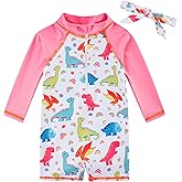 Funnycokid Toddler Swimsuit Girl Long Sleeve Baby Bathing Suit with Headband 6 Months-4T