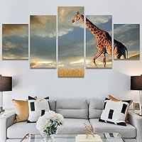 SIGNWIN 5 Panel Canvas Wall Art Modern Art Animals Dramatic Elephants Giraffe Multicolor Photography Southwest for Home Decorations Ready to Hang - 60