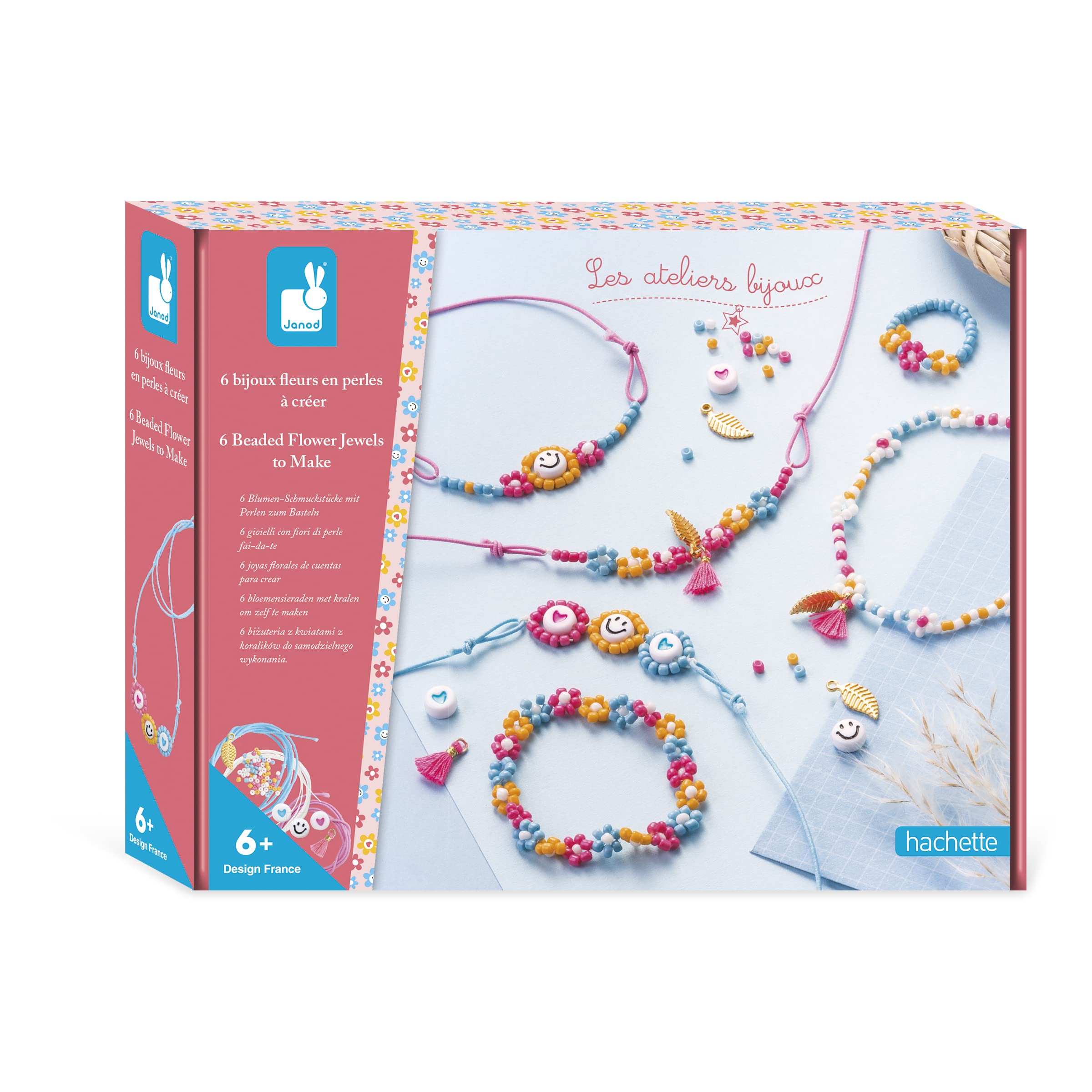 Janod - Set of 6 Make-Your-Own Flower Jewellery Pieces out of Seed Beads - Les Ateliers Bijoux - Children’s Craft Kit - Fine Motor Skills & Creativity - 6 Years and up - J07998