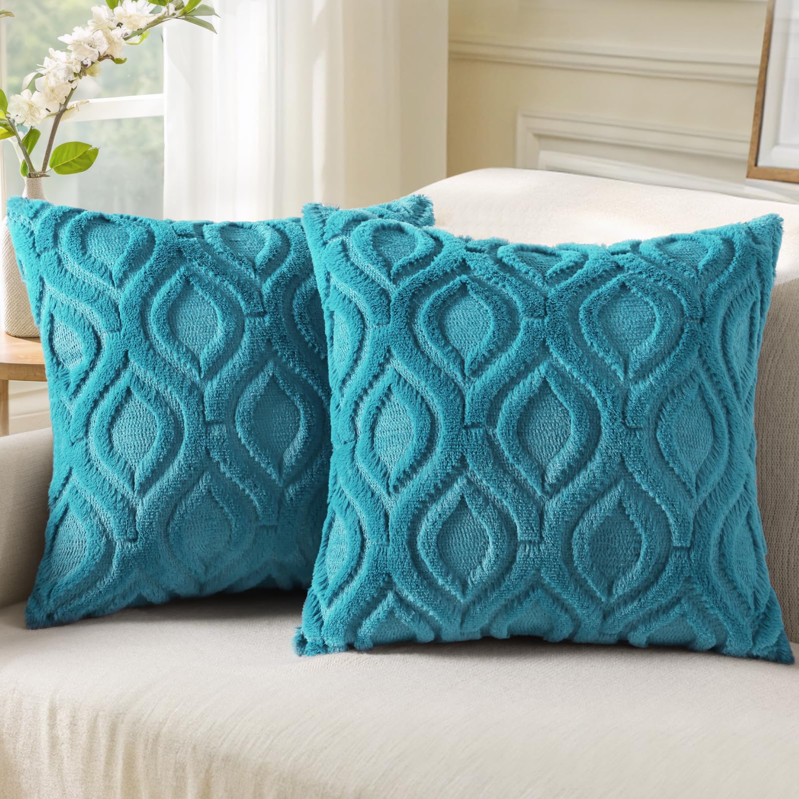 Photo 1 of decorUhome Fall Throw Pillow Covers 16x16 Inch Set of 2, Soft Plush Decorative Faux Fur Teal Solid Couch Pillow Covers, Accent Farmhouse Neutral Square Euro Pillow Cases for Sofa Bed Living Room