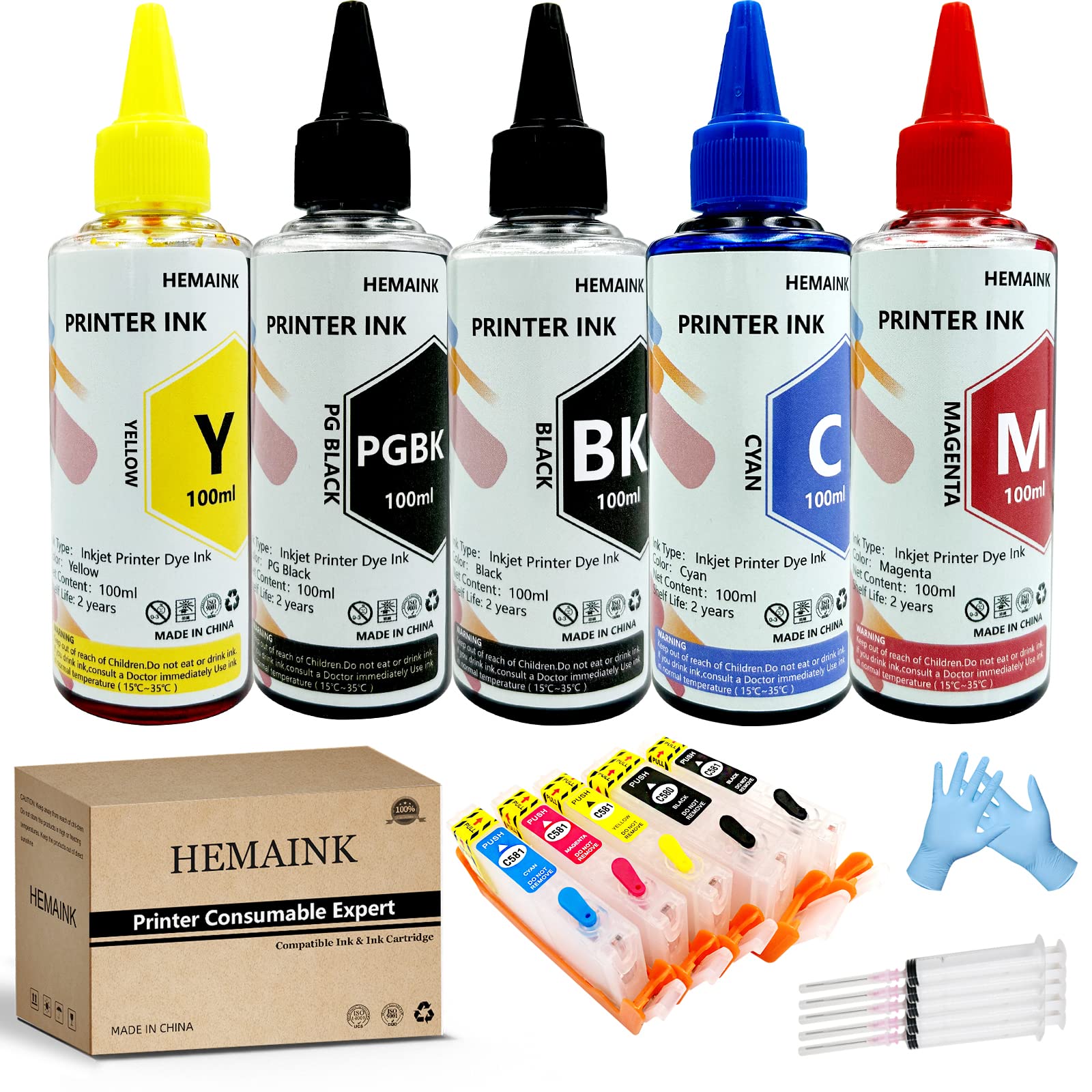 HEMAINK Refillable Ink Cartridges and 5 Bottles Ink Compatible with PGI-580XXL CLI-581XXL,for Pixma TS6150 TS6151 TS6250 TS6251 TS6350 TS6351 TS705 TR7550 TR8550 TS9150 TS9155 TS9550 Printer