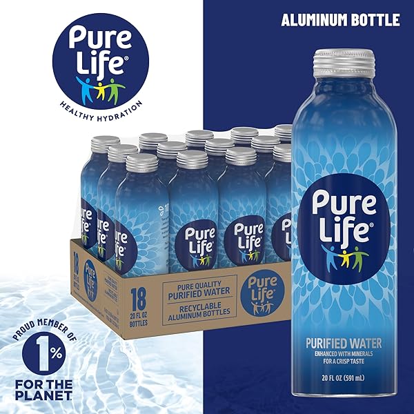 PURE LIFE PURIFIED BOTTLED WATER, SINGLE BOTTLE – STILL BOTTLED DRINKING WATER ENHANCED WITH MINERALS FOR A CRISP TASTE, ALUMINUM BOTTLES – 20 FL OZ