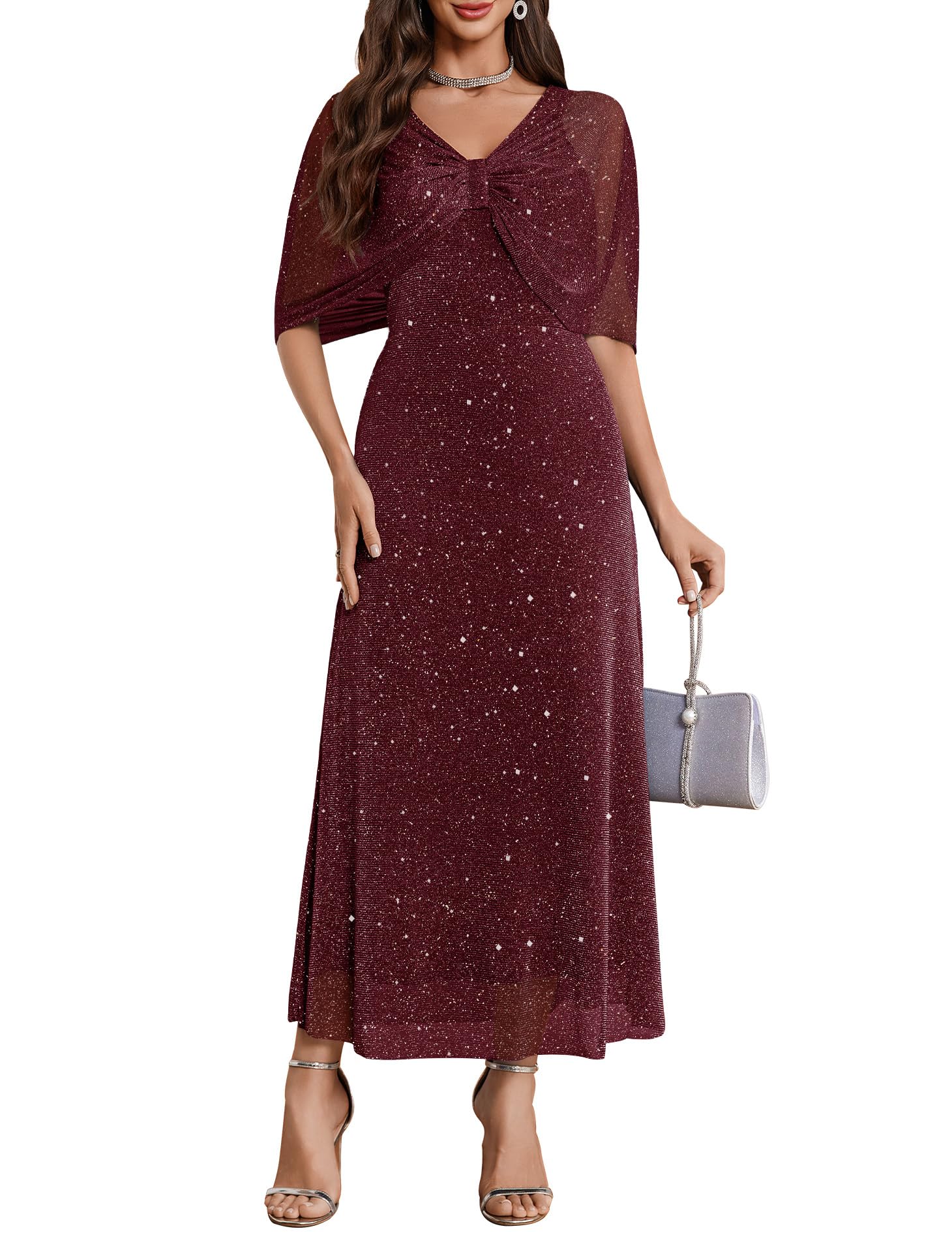 Photo 1 of BeryLove Women Sequin Formal Party Dress Sparkly Cocktail Evening Prom Gown Wedding Guest Dresses with Shawl 0033 Burgundy L