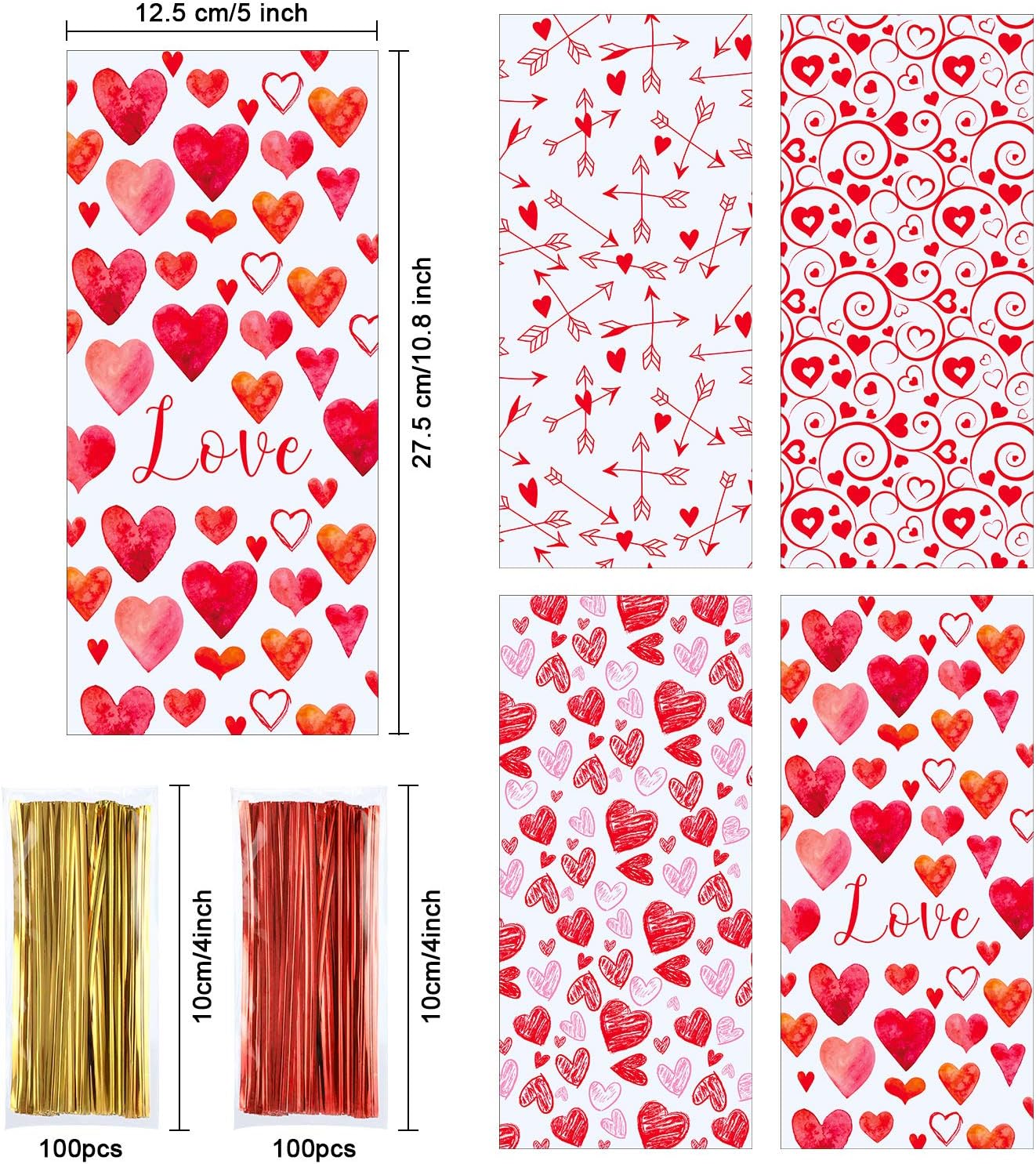 Blulu 100 Pack Valentines Party Treat Bags Plastic Valentines Cellophane Candy Bags Red Valentine's Day Cookie Bags 4 Styles Valentine Gift Bags with 200 Pieces Twist Ties for Valentine Party Supplies - Image 3