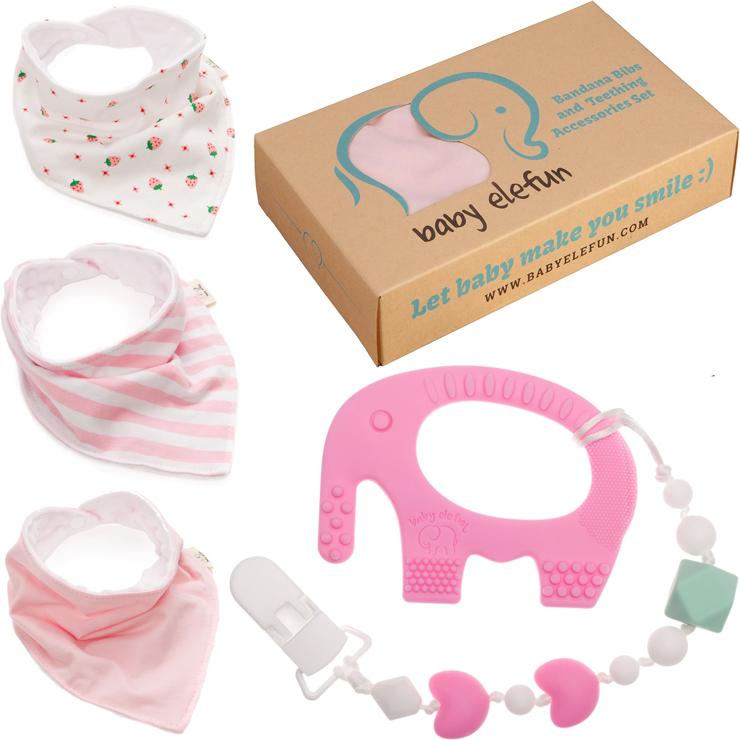 Easter Gifts For Girls - Unique Matching Set of Teether Pacifier Clip, Pink Elephant Teething Toy, 3 Pack Bandana Drool Bibs, 100% Safe BPA Free Silicone, Best for 0 3 6 Months Old Newborn Infant