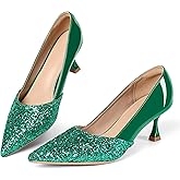congliji Women's Kitten High Heels 2 Inch Sequin Pointed Toe Leather Pumps Comfortable Slip On Wedding Party Dress Stilettos Shoes