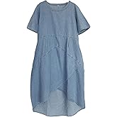 Tebreux Women's Linen Midi Dress Oversized Short Sleeve Sundress Baggy Tunic Dresses with Pockets