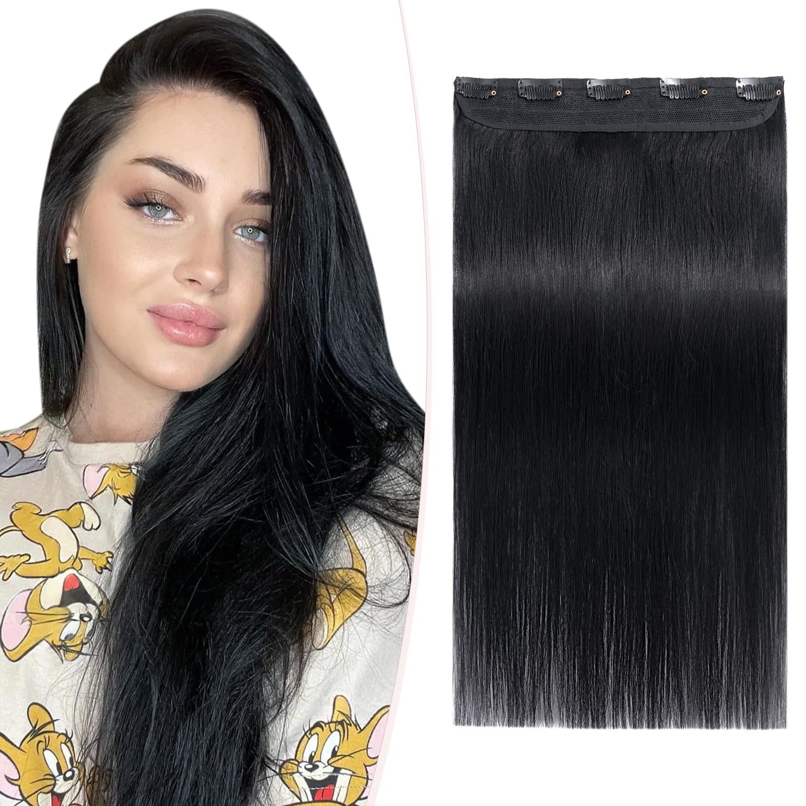 SEGOHAIR Clip in Real Human Hair Extensions, 14" Remy Hair Extensions Seamless Clip in One Piece (40g) Jet Black — image 1