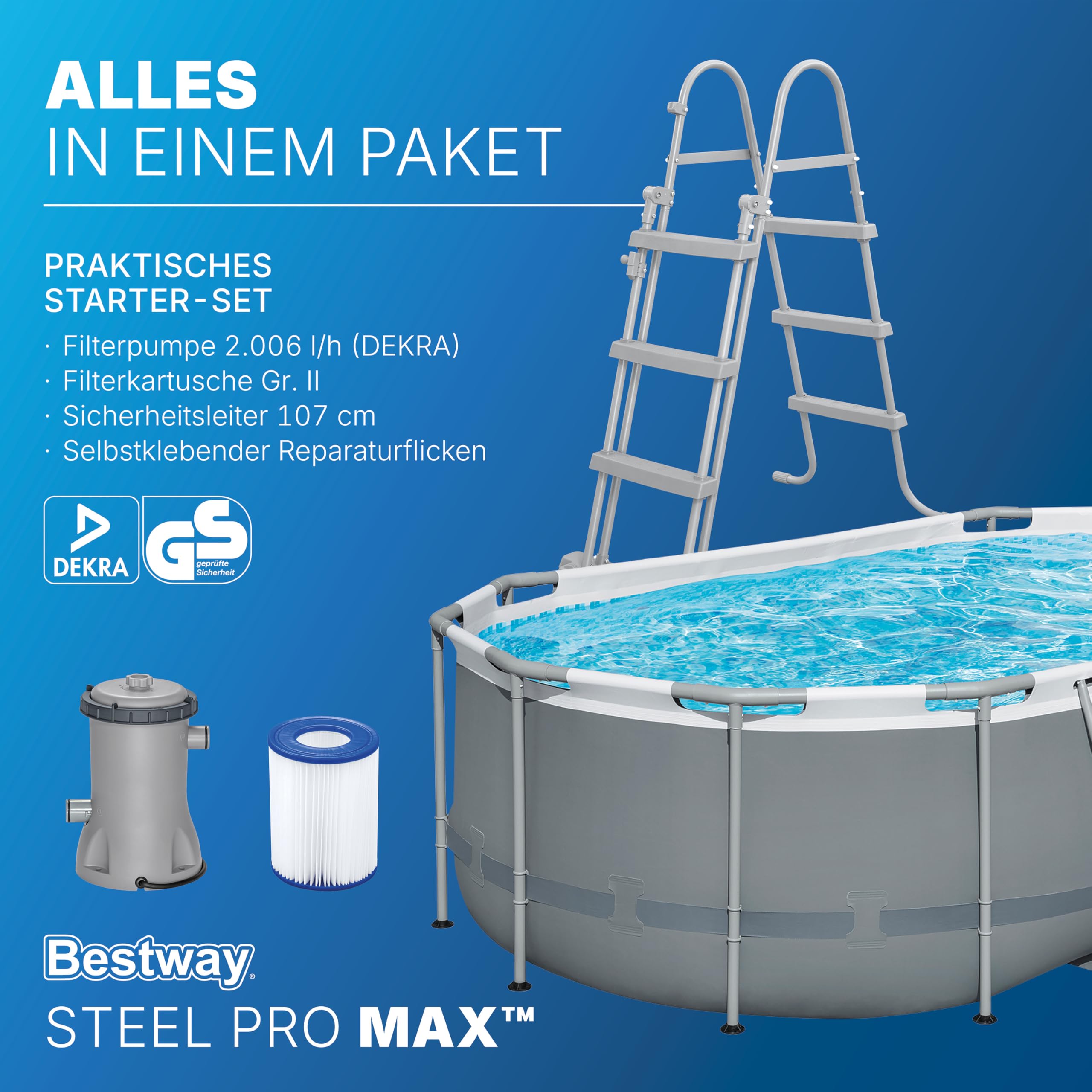 Bestway Power Steel Frame Pool Set mit Filterpumpe 427 x 250 x 100 cm, grau, oval 9